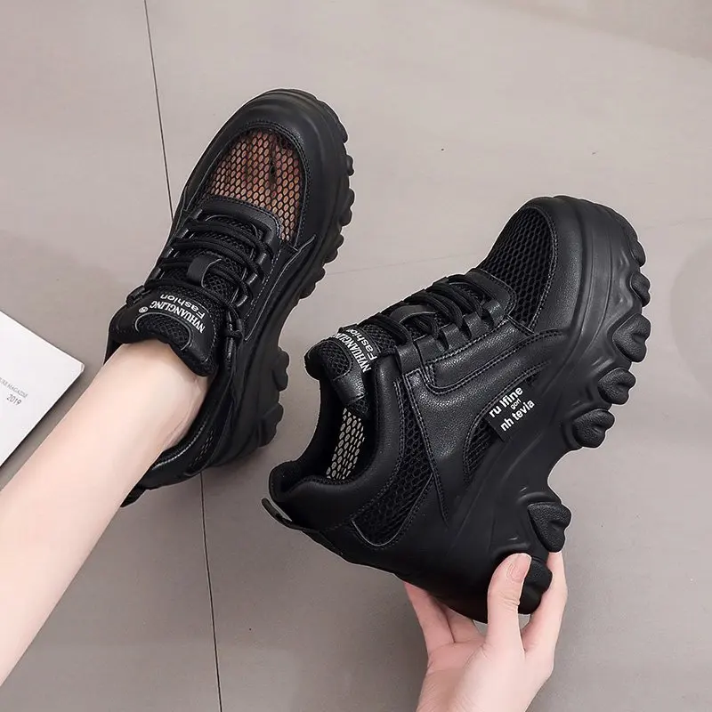 Breathable Mesh Chunky White Sneakers Women Summer 2024 Hollow Out Mesh Platform Sandals Woman Height Increased Casual Shoe 10CM