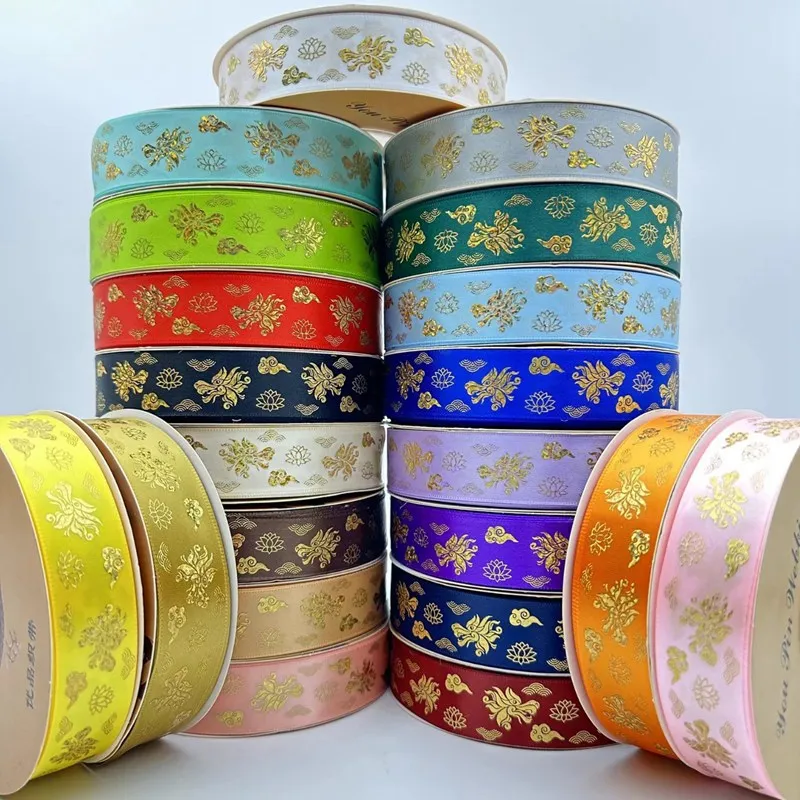 25mm Hologram Gold Foil Lotus Auspicious Clouds Chinese Dragon Satin Ribbon for Spring Festival Gift Wrapping DIY Craft