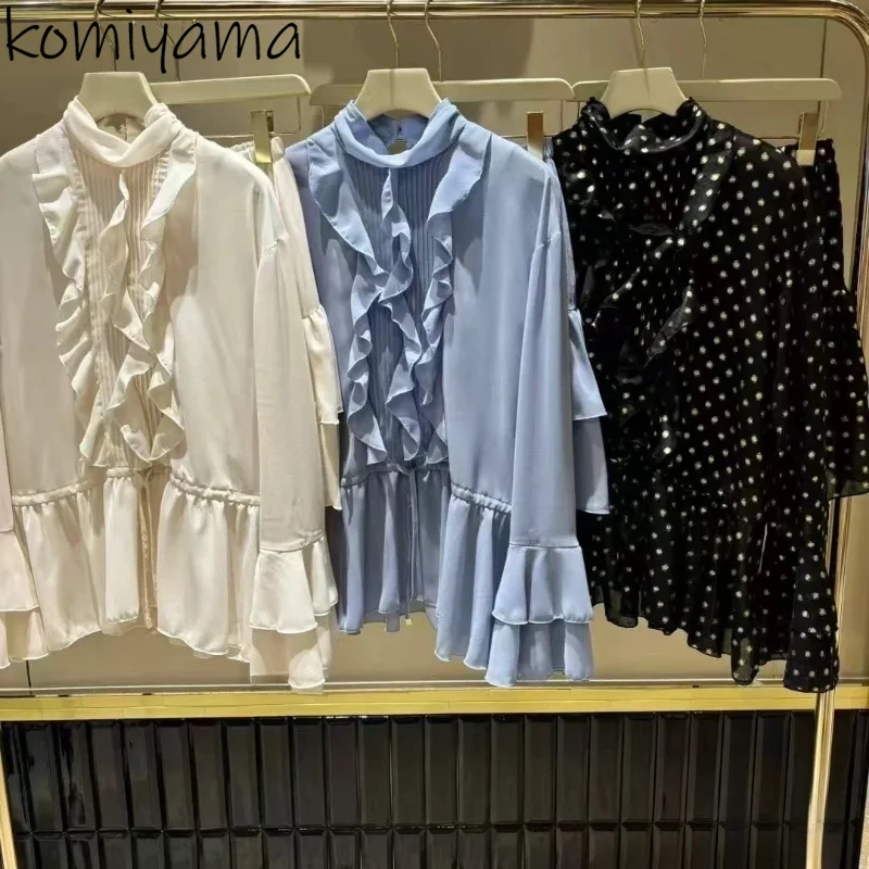 

Spring Summer Woman Sets Japan Flare Sleeve Pleated Bandage Tunic Blusas Mujer Cascading Ruffled Cake Skirt 2025 New Suit