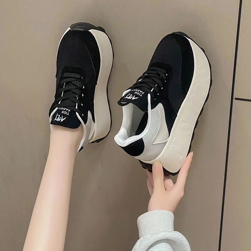 LazySeal 7.5cm High Boots Women Platform Shoes Solid Color Lace Up Spring Autumn Sneakers Chunky Sneaker Wedge White Casual Shoe