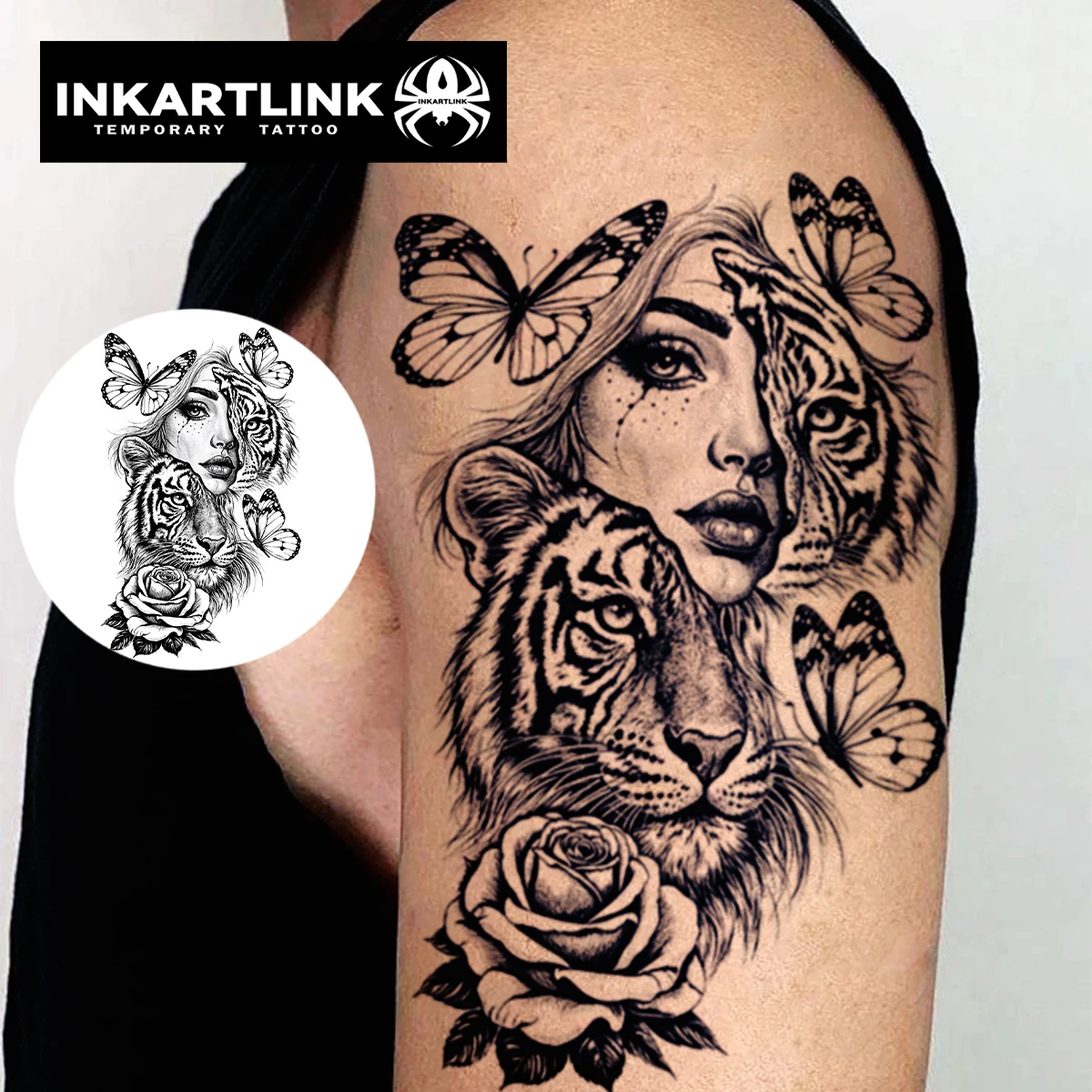 INKARTLINK Girl Tiger Butterfly Juice Tattoo Patch Waterproof Continuous Color Rendering 1-2 Weeks Essential for Trendsetters