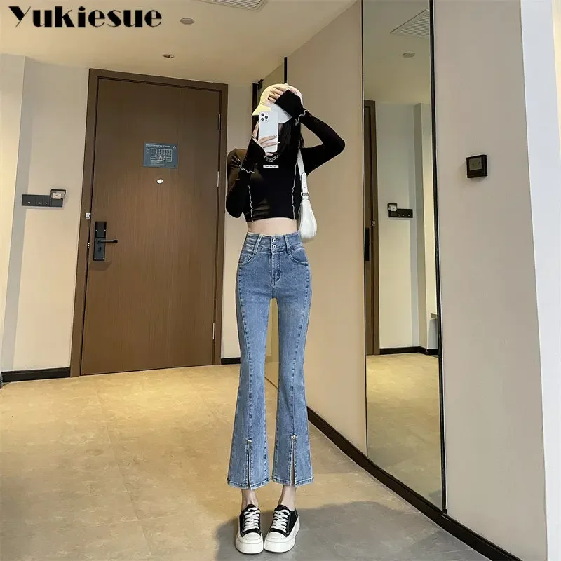 Korean Casual Slim Trendy Retro Stretchy Chic Ankle-Length Female Denim Jeans Women Front-Slit Spliced Flare Elegant Versatile