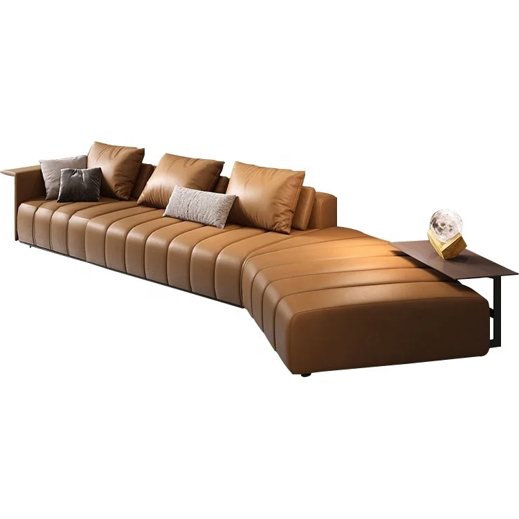 

#High-quality modern style large leather combination sofa L-shaped 7-seat brown light yellow sofa high-end