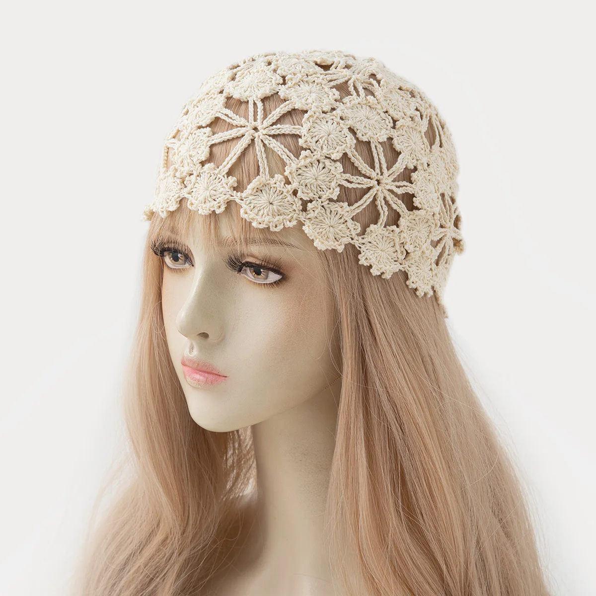 

Hand-woven flower hollow thin hat spring and summer fashionable breathable headscarf hat knitted crochet Baotou hat women's fash