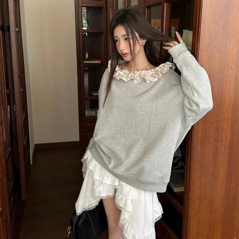 Women's Sweatshirt One-piece Collar Lace Spliced Long Sleeves Lazy Style Loose Sleeve Hot Girl Casual Sleeve Top