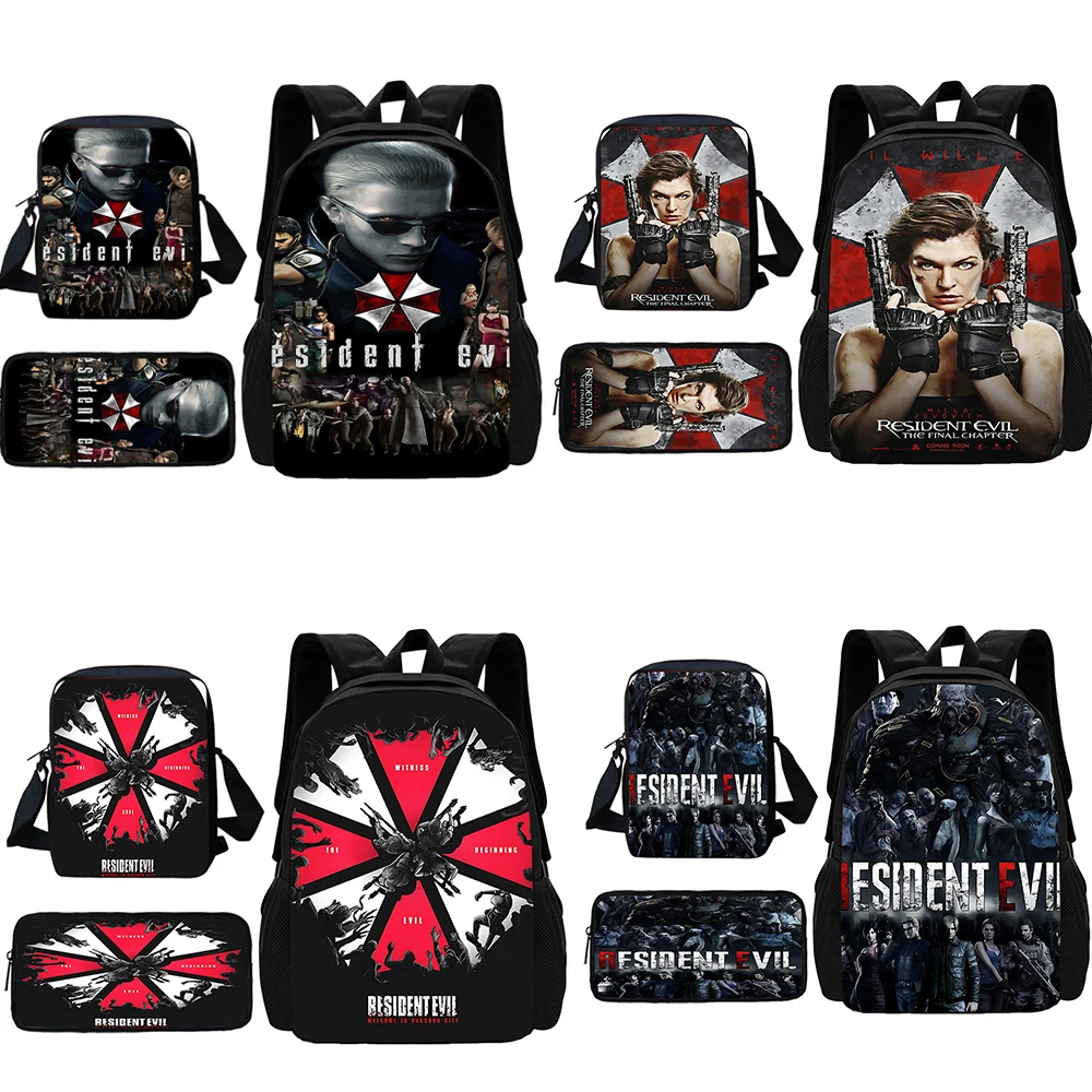 Mochila escolar Resident Evil com bolsa de ombro Mochila Horror Movie, Sacos de lápis para crianças, meninos e meninas, melhor presente, 3 peças por