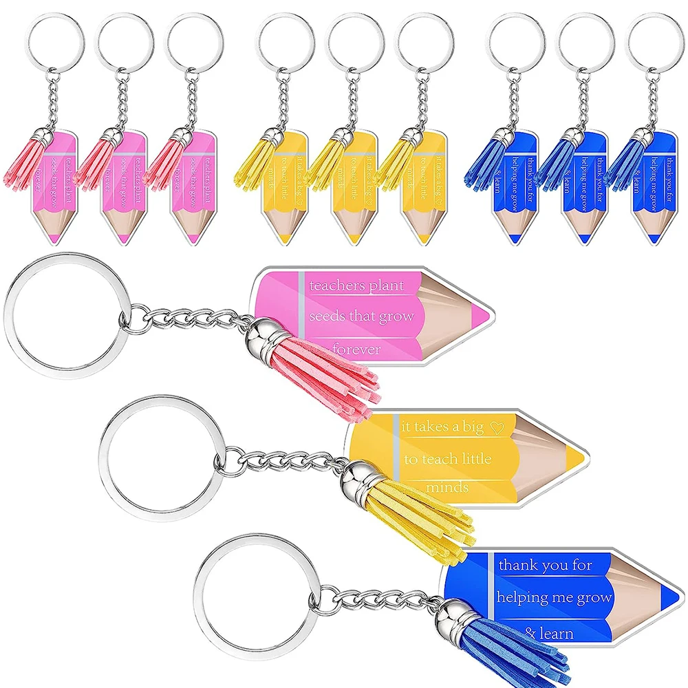 

12Pcs Teacher Keychain Teacher Appreciation Gifts in Bulk Pencil Acrylic Keychain with Tassels for Teacher