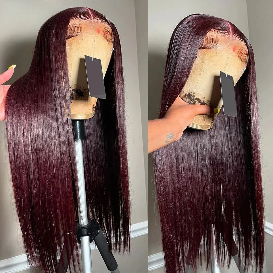 

200% 99J Dark Burgundy Red Bone Straight Lace Frontal Wig 13X4 HD Lace Wigs Pre Plucked Ready Wear Synthetic high quality Daily