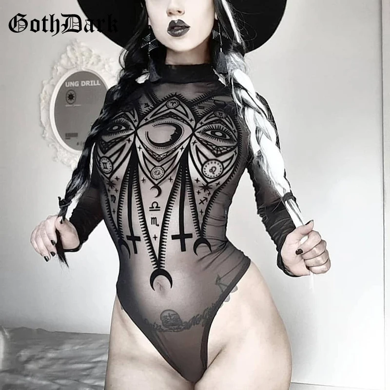 

Goth Dark Mall Goth Chic Print Long Sleeve Skinny Bodysuits Y2K Grunge Outift Sexy Mesh Sheer Romper Clubwear Women Alt Bodysuit