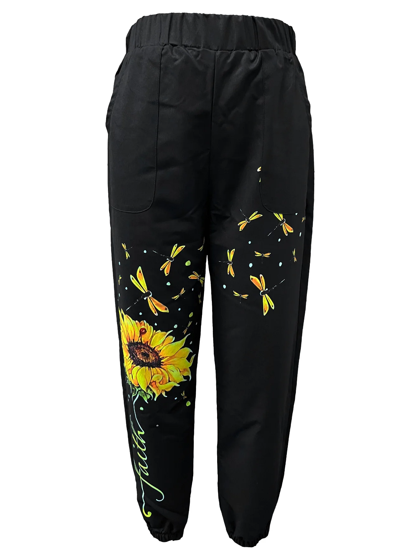 Women's Summer Fashion Versatile Loose Casual Printed Sunflower Elastic Waist Nine-Point Pants
