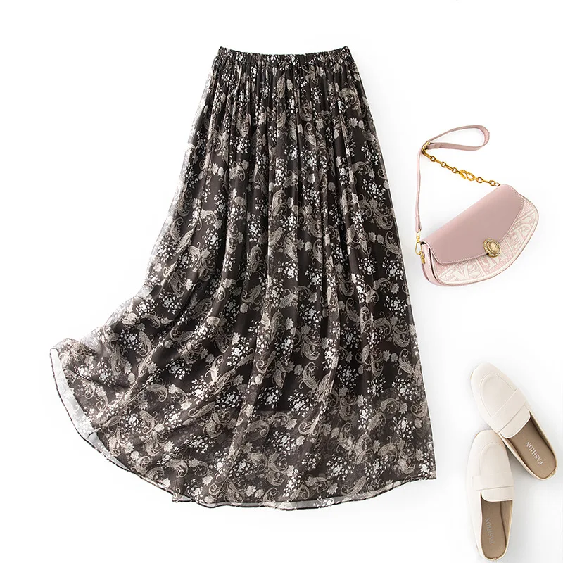 Winsleter-8MM 100%Silk Elegant Skirts, Elastic Waist Paisley Print, Women Vacation Retro Thin A-line Skirt, 2026 Autumn B69440CC