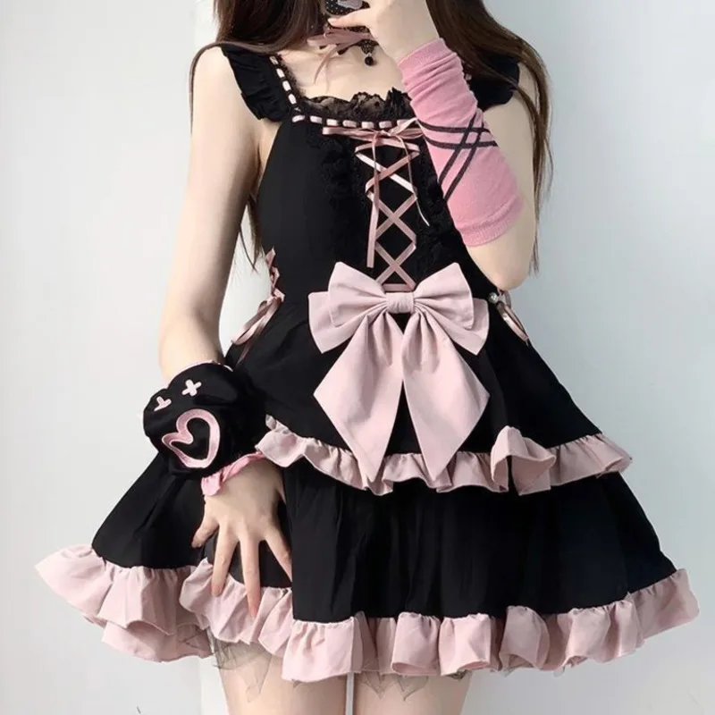 

Halloween Y2K Bow Dresses Lolita Cosplay Outfit Cute Necklace Servant Maid Women Costume Performance Clothing A-Line Dresses