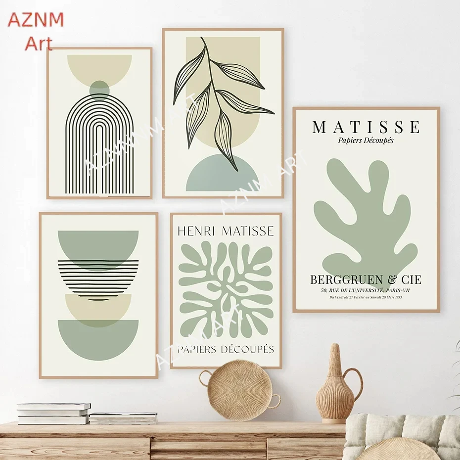 Sage Green Leaf Geometry Line Canvas Painting Matisse Abstract Boho Wall Art Poster And Prints For Living Room Home Wall Decor