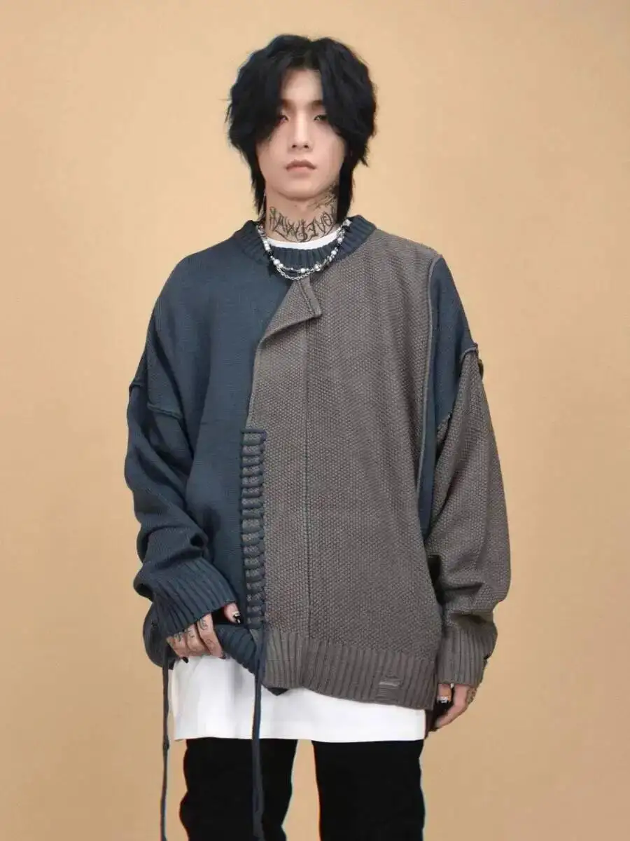 Sweatshirt Autumn Men's Streetwear Niche Sweater Irregular Stitching Color Block Patchwork Design Round Neck Pullover Knitwear