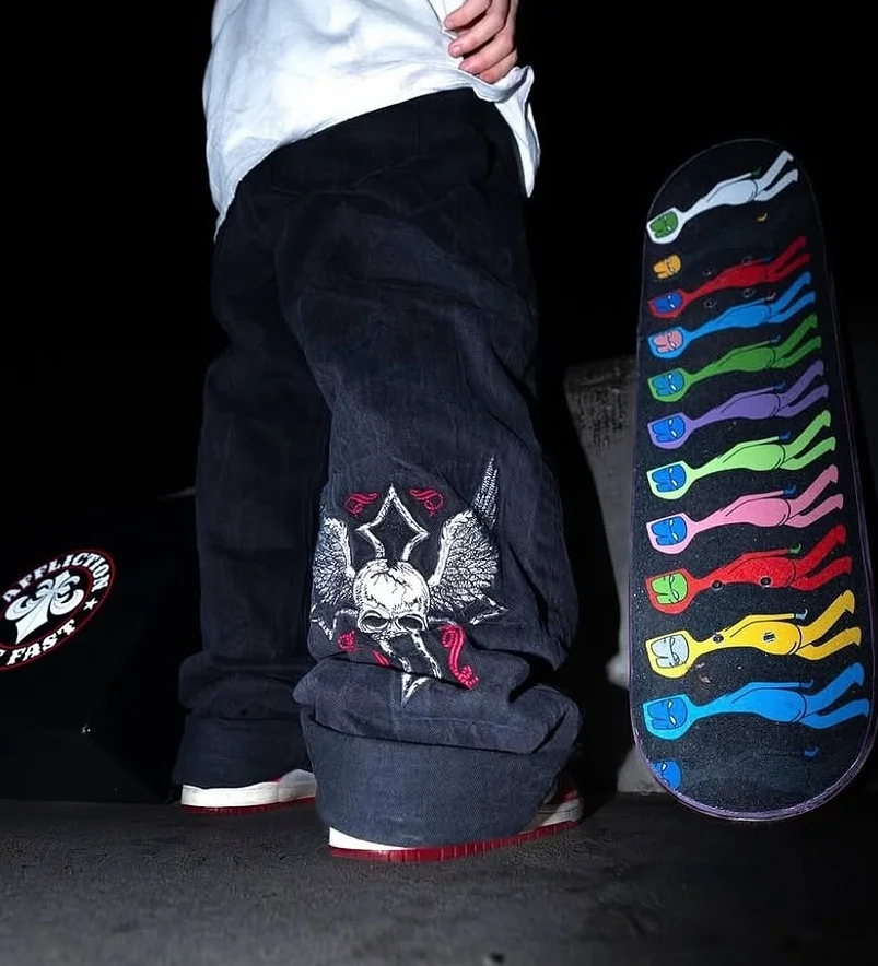

Y2K Affliction Vintage Jeans Skull embroidery Oversize Jeans Men Women Harajuku Gothic Hip Hop Skateboard Denim Pants Streetwear
