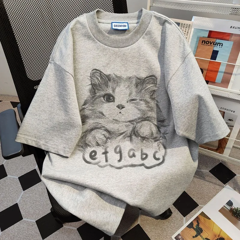 Cotton Lovely Kitten Graffiti Print Summer New Short-sleeved T-shirt Women's Loose Casual Slim-fit Crewneck Couple Top