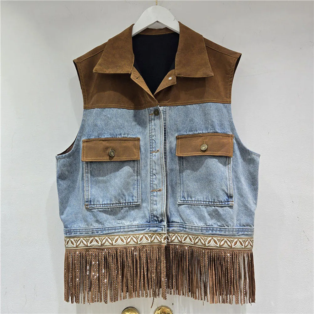 

Женский джинсовый жилет без рукавов с бахромой и стразами, с отложным воротником, свободного кроя, контрастный цвет, укороченный, женская одежда