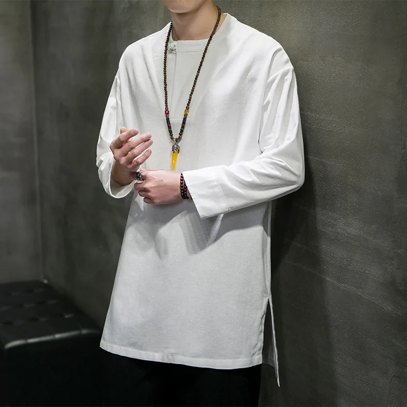 Men's plus Size Vintage Long Sleeve Pullover Shirt Collarless Oversized Mid-Length Casual Top for Spring Autumn Wear M-5XL