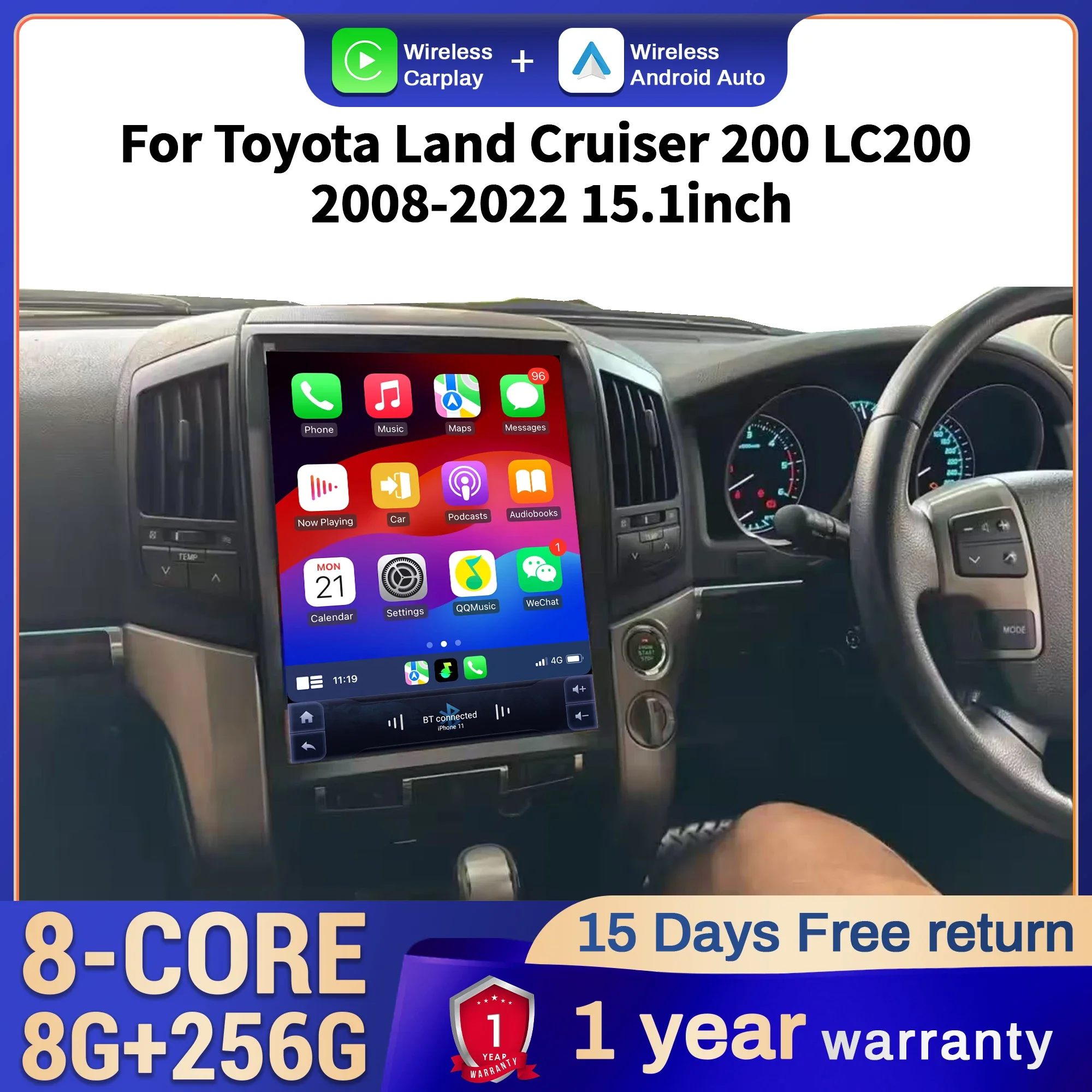 

15.1 inch Car Radio For Toyota Land Cruiser 200 LC200 2008-2022 Android 14 4G Head Unit Wireless Bluetooth CarPlay Touch Screen