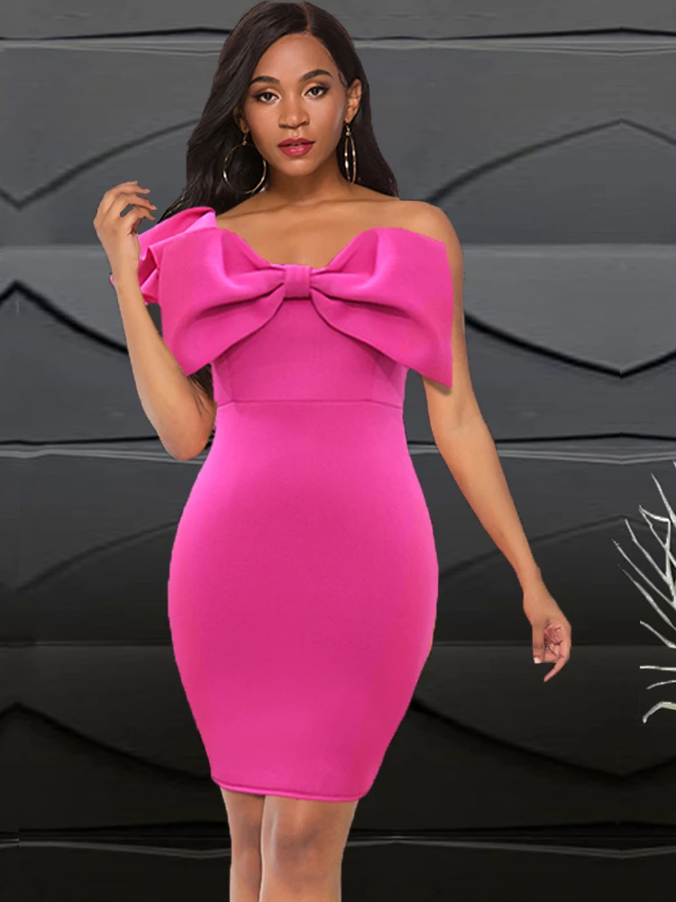 Sexy One Shoulder Bowtie Fuchsia Party Dress For Women Empire Package Hip Above Knee African Female Birthday Cocktail Club Gown