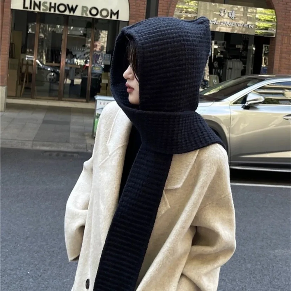 Acrylic Fibres Knitted Hooded Caps Ear Protection Embossing Neck Collar Beanies Caps Thickened Soft Winter Neckerchief Hat Work