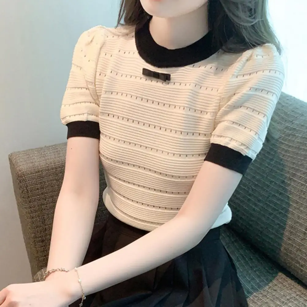 

French Style Women Blouse 2023 O-Neck Puff Short Sleeve Bowknot Decor Summer Patchwork Color Hollow Cropped Top Streetwear
