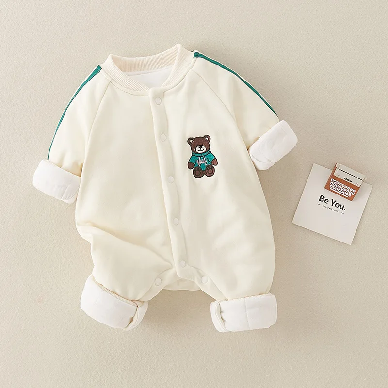 Baby's new winter plus cotton thickened pure cotton onesie 0-18 months cute bear cardigan baby outing clothes