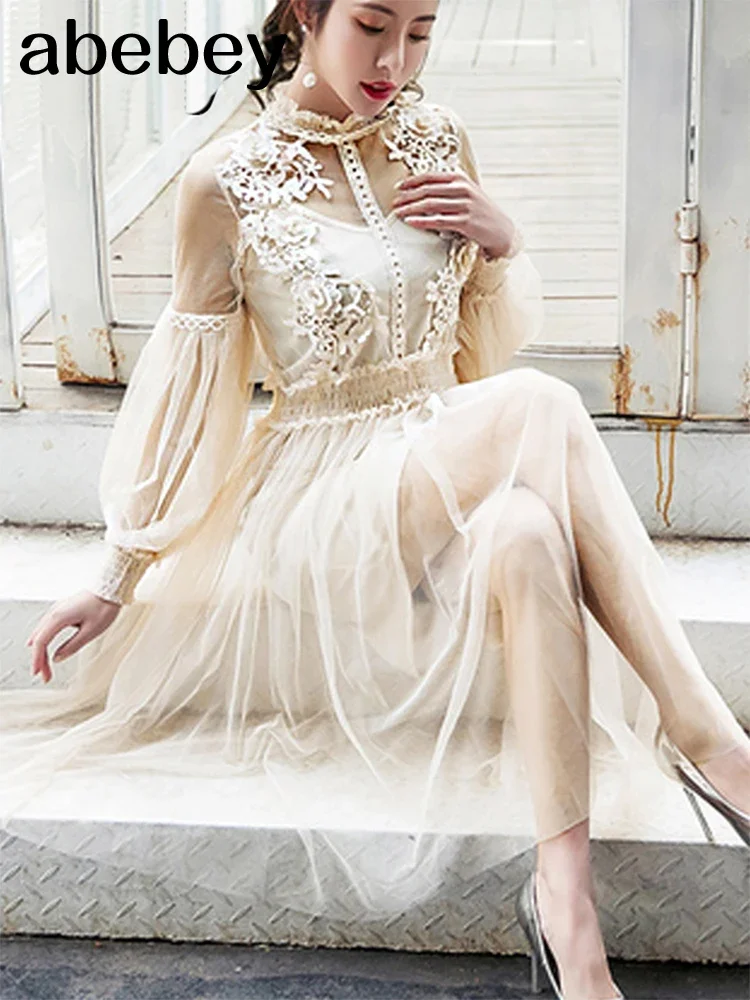 

2026 New Women Fashion Dress Stand Collar Lantern Sleeve Mesh Dress See-through Lace Embroidery Fairy Dress Femme Vestidos Robe