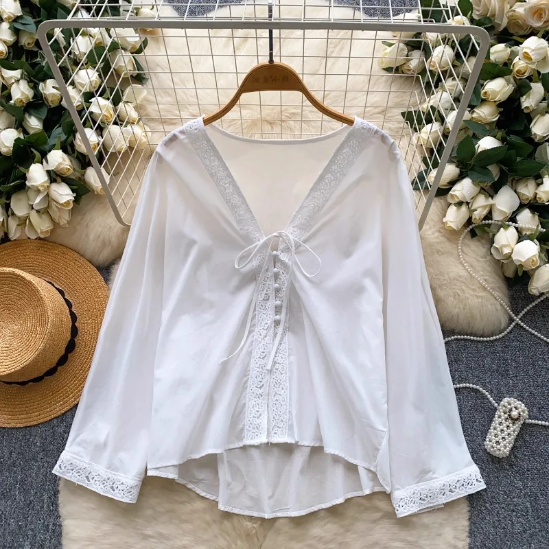 

Matakawa Lace V Neck Women Shirts Solid Spring Autumn Bandage Sweet Blouses Chinese Style Elegant Vintage Blusas Mujer