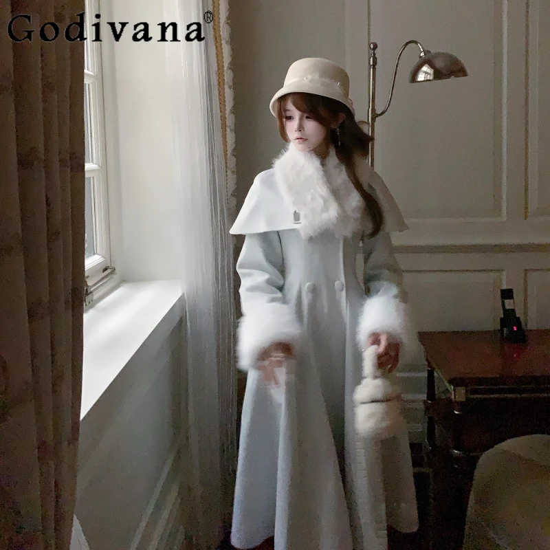 Warm Winter Long Woolen Coat with Fur Collar Female Original New Japanese Style Gentle Lolita Overcoat Women Lolita Wool Coat