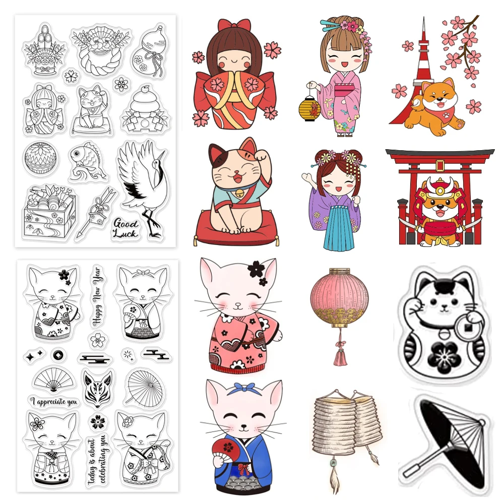 Japanese Kimono Dolls and Koi Clear Stamps Mirror Cake Cherry Blossoms Silicone Stamp Oriental Style for Scrapbook Journa Cards