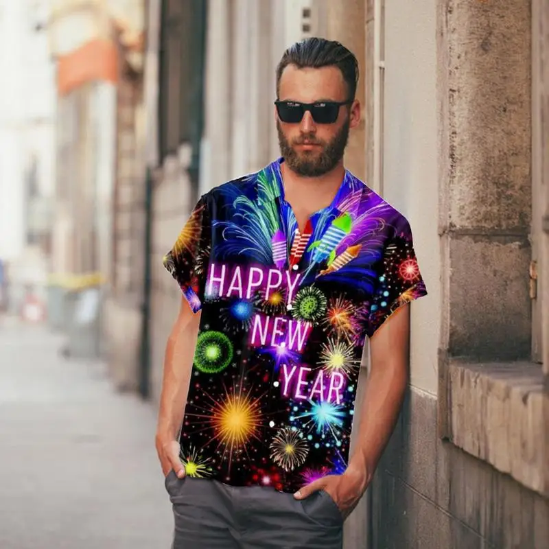 New Years Shirt Print Happy New Year Firework T-Shirt 2024 Comfortable Printed Shirts Fashion Party Supplies for Men Home