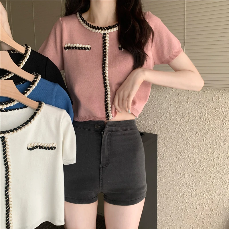 

Korean Fashion Summer New Women Knitted Tops Small Perfume Fashion Versatile Knit Design Sense Niche Loose Short-sleeved Tops