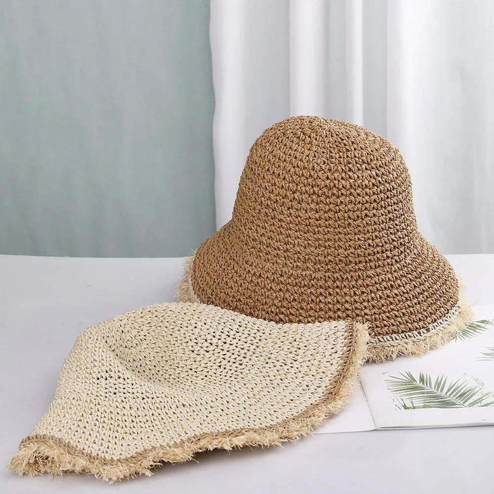 2023 Womens Straw Hats Chinese Straw Hat Panamas UV Protection Sun Visor Beach Hats Women Visors Foldable Female Summer Sun Hat