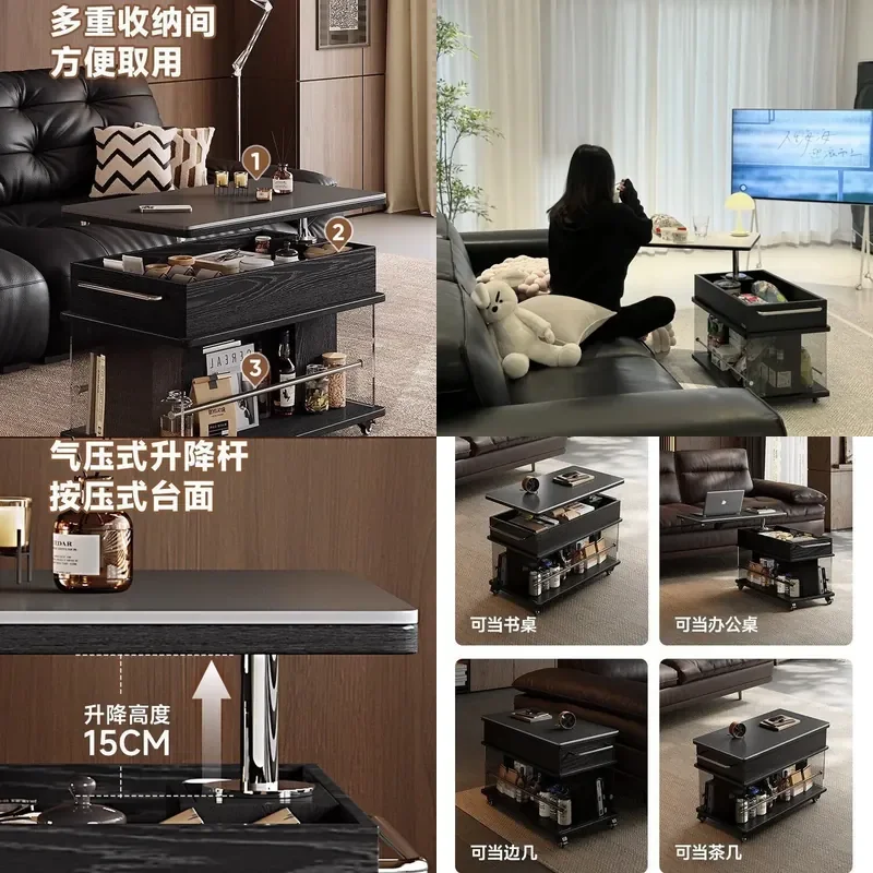 Solid Wood Mobile Side Table with Stone Top Lift Mechanism Balcony Coffee Trolley Sofa End Cabinet Adjustable Height