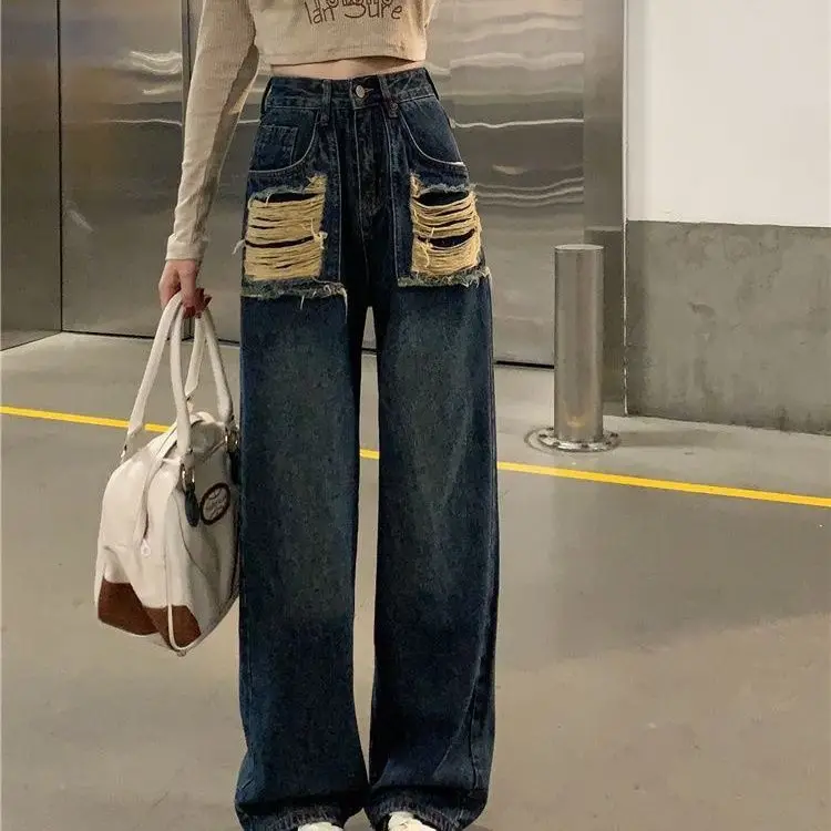 

Vintage Ripped High Waist Jeans Women's New Spring And Autumn Loose And Versatile Wide Leg Pants Straight Pants