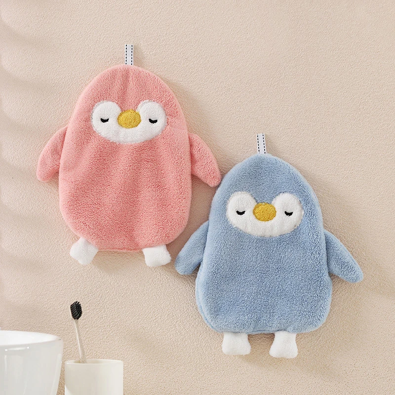 1pc Cartoon Absorbent Towels Cute Hand Towels Coral Fleece Hanging Towel Children Cute Penguin  Hand Towels For Kitchen Bathroom