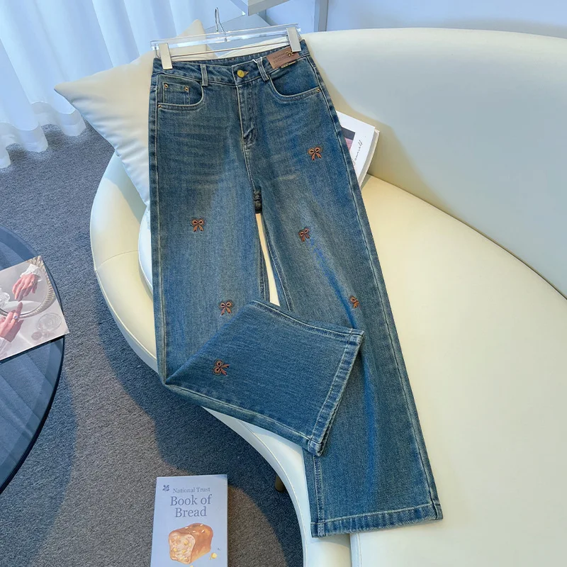 

Vintage Blue Embroidery Narrow Straight Leg Jeans women's high-waisted Loose Casual wide-leg Pants