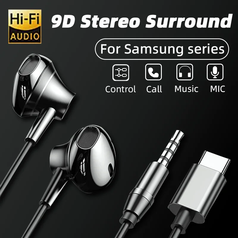 HiFi In-Ear Type-C Wired Headphone 3.5MM For USB C Wired Earphone With Mic Bass Stereo Music For Samsung Galaxy S24 S23 S22