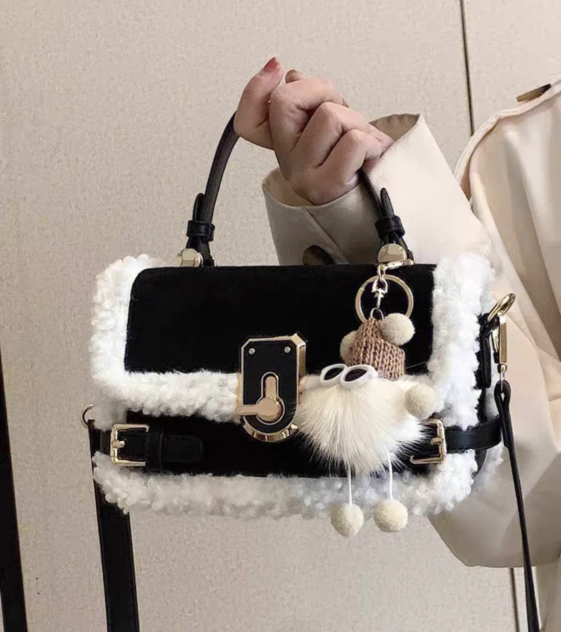 Opulent Imitation Wool Cotton Suede Big Capacity Flap Clutch Handbag Purse Women\'s Bag