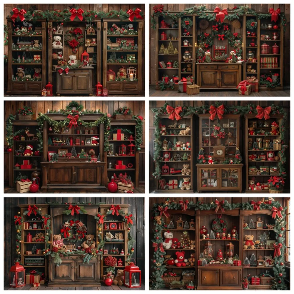 

Santa Claus Wreath Gift Bookshelf Theme Banner Decoration Background, Children's Birthday Party Decoration Photography Backdrop