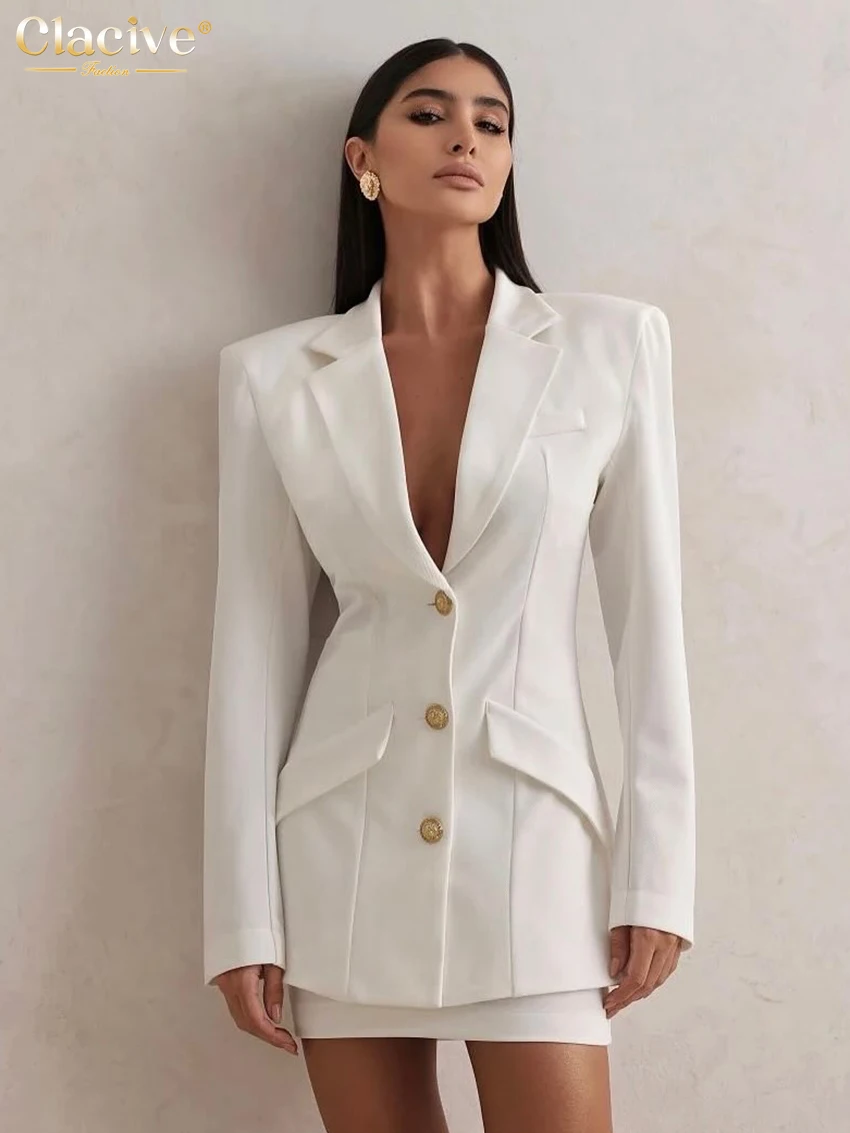 

Clacive Fashion Slim White Office Women's Two Pieces Set 2025 Elegant Long Sleeve Shirt With High Waist Mini Skirt Set Female