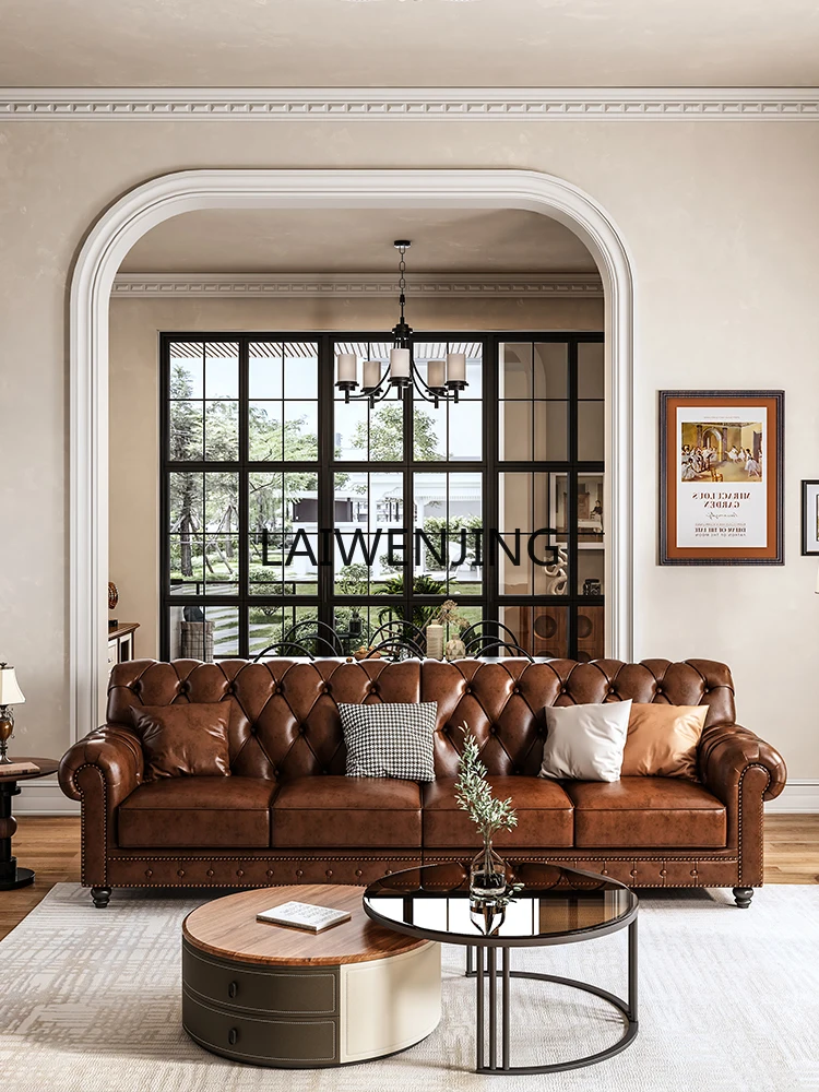 

HLZ leather sofa three or four people straight row antique brown living room villa furniture