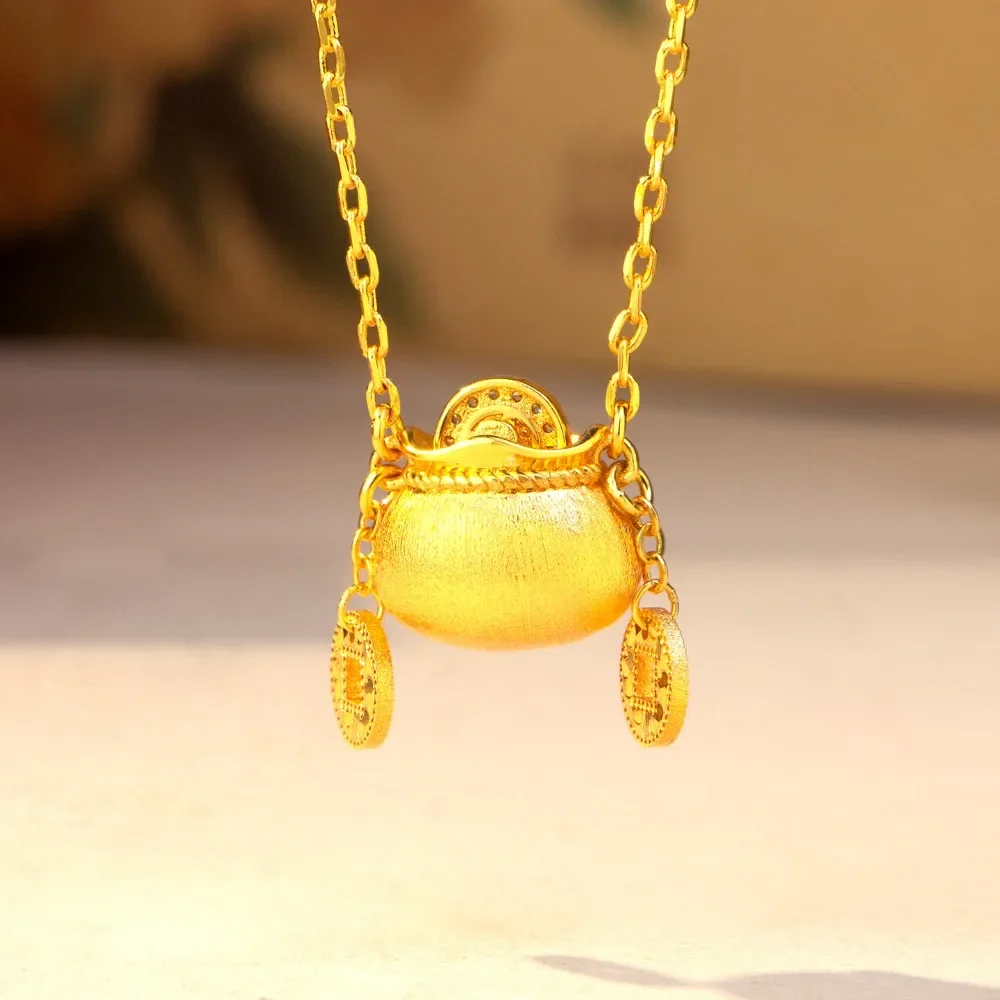 Drawwire purse tassel copper coin pendant vintage small fortune bag collarbone chain 9999gold