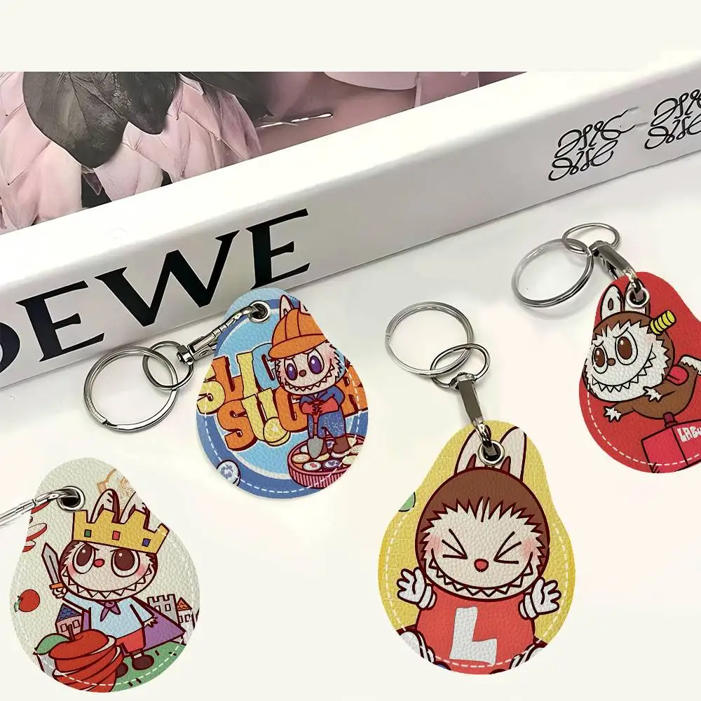 Cute Little Monster L-Labubus Keychain Access Card Bag Key Tag Ring Leather Card Holder Keychain Key Ring Door Lock Access Tags
