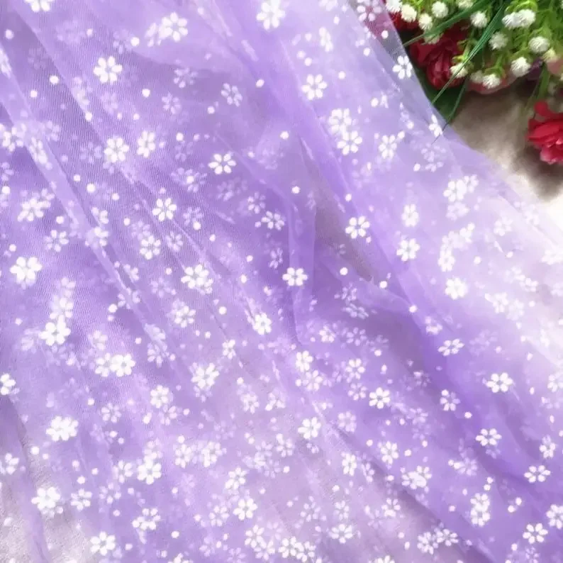 7 Colors White flower Flocking Lace fabric floral Flocked Soft Tulle Fabric for Tutu's Dress, Flower Girl Dress, Party Dres