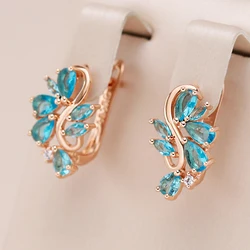 Kinel Trend Blue Natural Zircon Crystal Flower English Earrings for Women 585 Rose Gold Color Party Daily Fine Vintage Jewelry