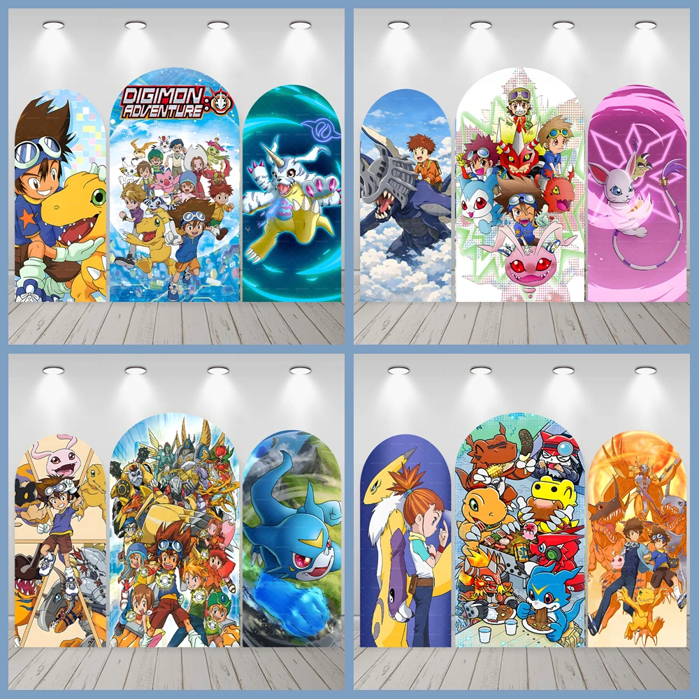 Digimon Adventure Arched Backdrop Custom Tyrannosaurus Anime Children Boy Birthday Party Baby Shower Decoration Photography Prop