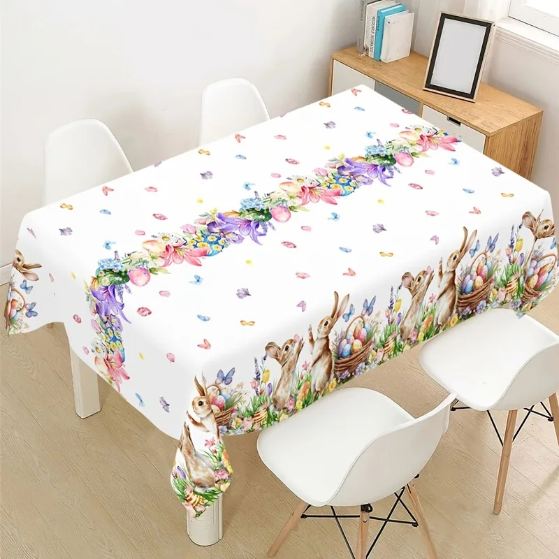 

Easter Tablecloth with Bunny Floral Print, Spring Festival Dining Table Cover, Luxury Waterproof Decor for Holiday Party