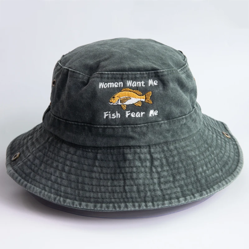 Women Want Me Fish Fear Me Bucket Hat Vintage Washed Cotton Fishing Hat Funny Embroidered Outdoor Boonie Cap with Chin Strap